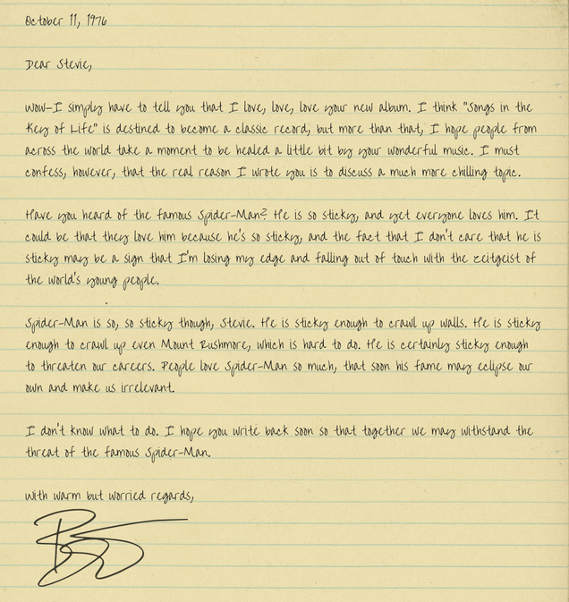 Illustration for article titled These Letters Between David Bowie And Stevie Wonder Show That They Thought Spider-Man Was The No. 1 Threat To Their Careers